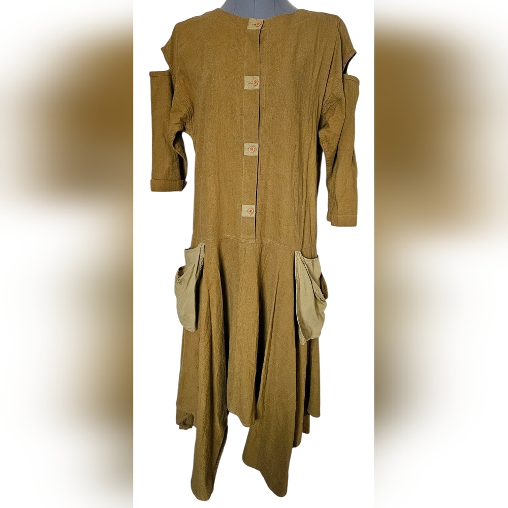 Vtg IN-WEAR Kirsten Teisner Lagenlook Dress Mustard Cold Shoulder Avant Garde S